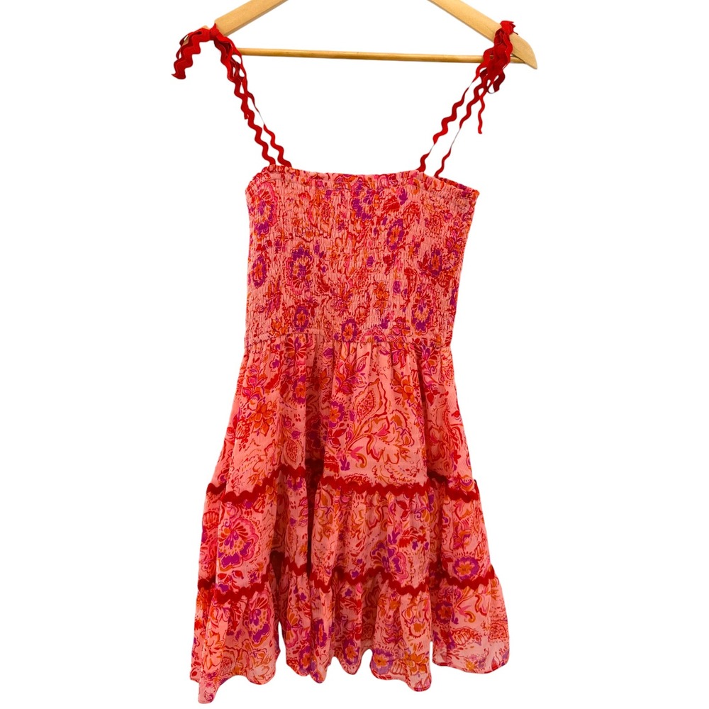 Meet Me In Santorini Pink Floral Smocked Ric-Rac Tiered Mini Dress S Resort